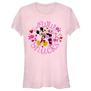 Junior's Women Mickey & Friends Aww Shucks Minnie Kiss T-Shirt - Light Pink - Large
