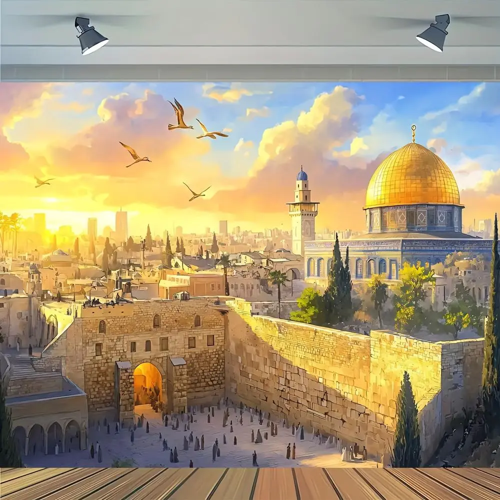Jewish Temple Backdrop - & Dome of the Rocks Design in Golden, Beige, Blue - Durable Polyester Fabric for Hanukkah, Rosh Hashanah, Yom Kippur, Purim, Sukkot - Easy-Clean Religious Decoration White