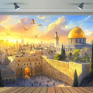 Jewish Temple Backdrop - & Dome of the Rocks Design in Golden, Beige, Blue - Durable Polyester Fabric for Hanukkah, Rosh Hashanah, Yom Kippur, Purim, Sukkot - Easy-Clean Religious Decoration White