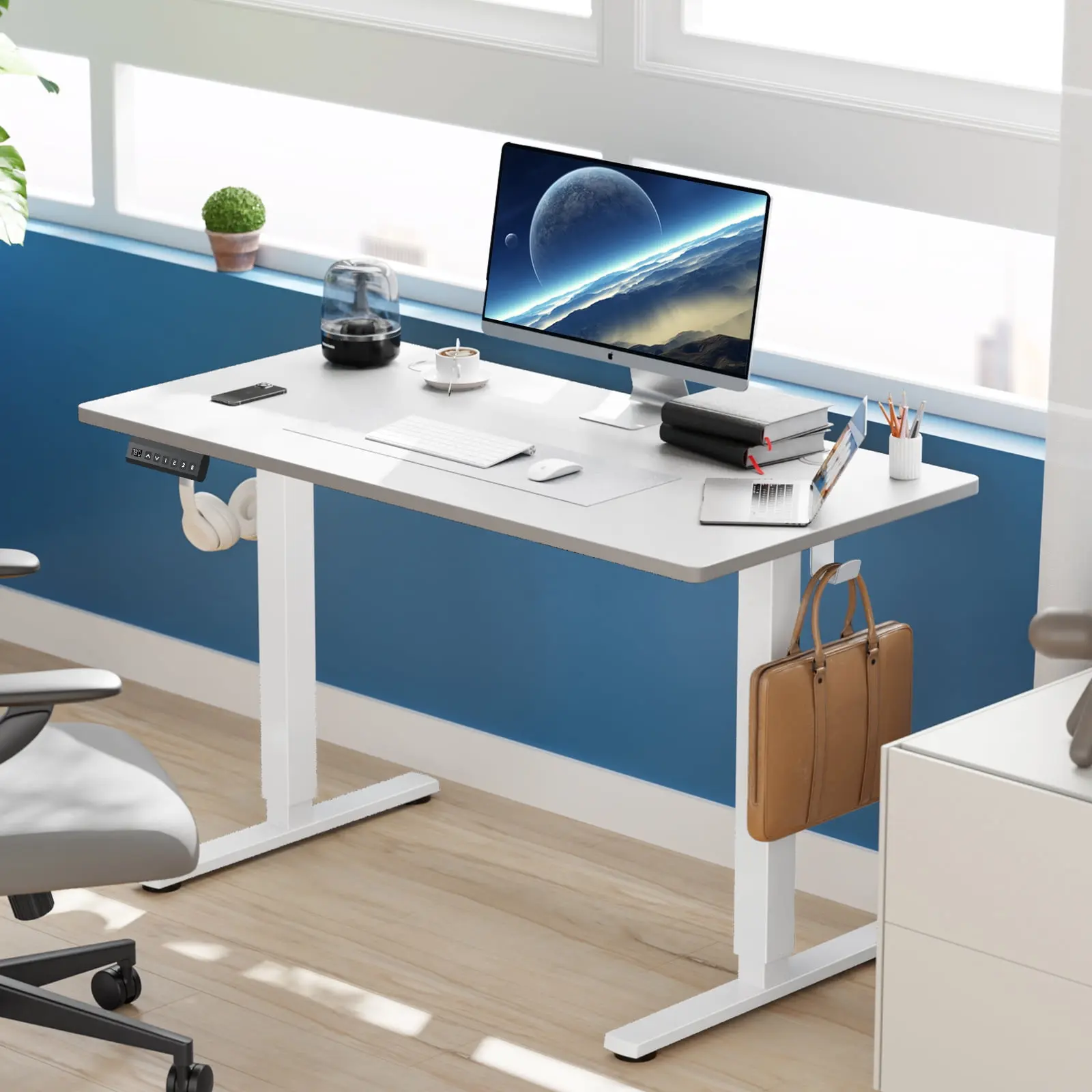 40x24 In Adjustable Standing Desk with Memory Presets, Hooks & Cable Management – Electric Sit-Stand Office Desk for Small Home Office Compact Rooms