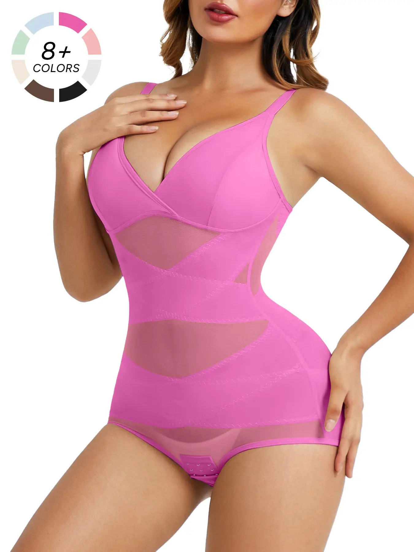 Women's Abdominal Control Shapewear Bodysuit Fit, High Elastic Breathable Mesh V-Neck Full Body Shaping Garment, Casual All Seasons Wear Underwear