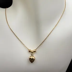 Dainty 14K Solid Gold Necklace with Heart and Ball Bearings, 16" to 18" with Extension.
