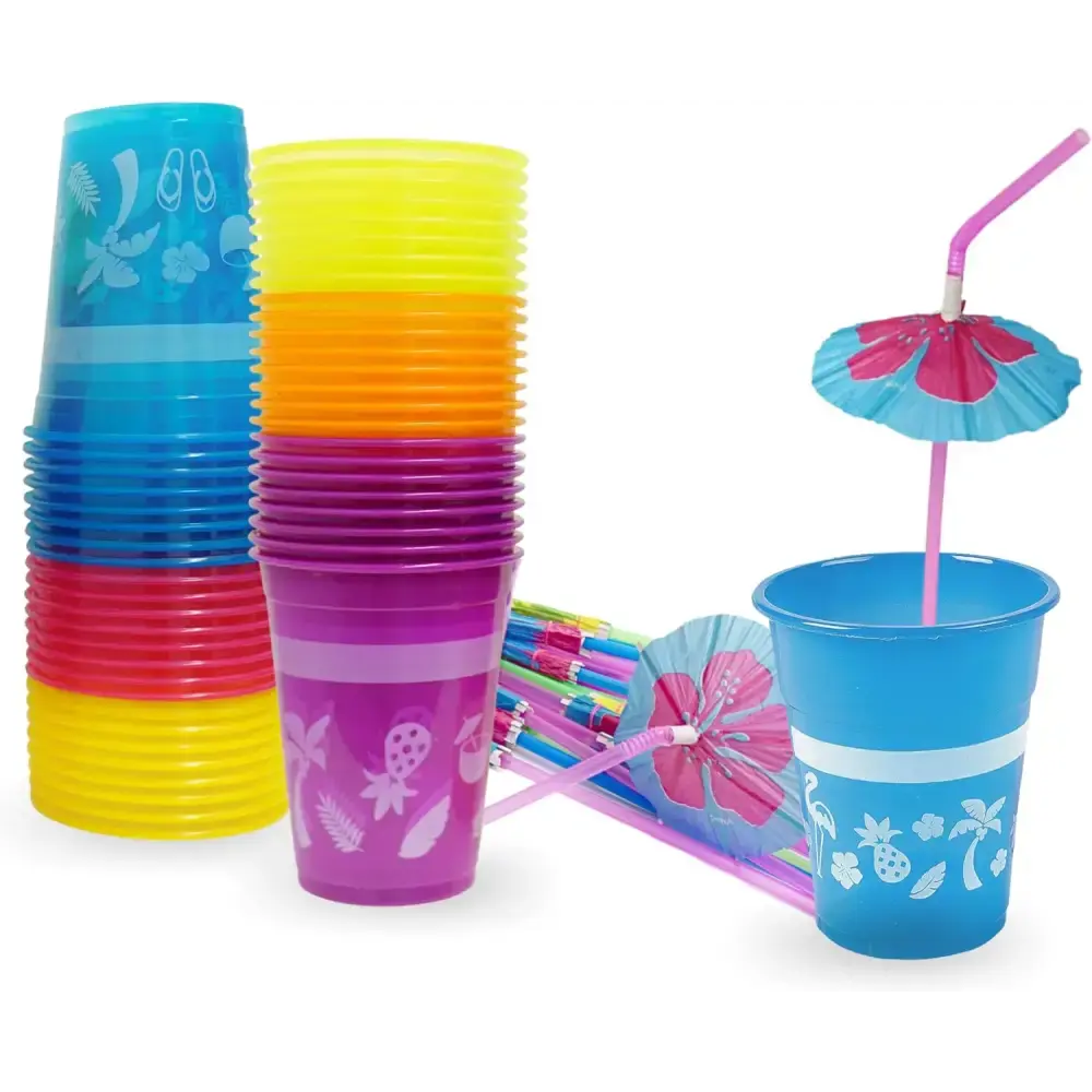 4E's Novelty 48-Pack Tropical Party Cups with Parasol Straws – Vibrant Hawaiian Luau Drinkware Set