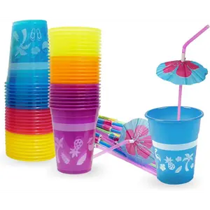 4E's Novelty 48-Pack Tropical Party Cups with Parasol Straws – Vibrant Hawaiian Luau Drinkware Set