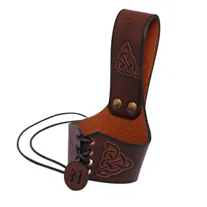 Brown Leather Holder with Embossed Design Medieval Viking Belt Attachment match Medieval Outfit