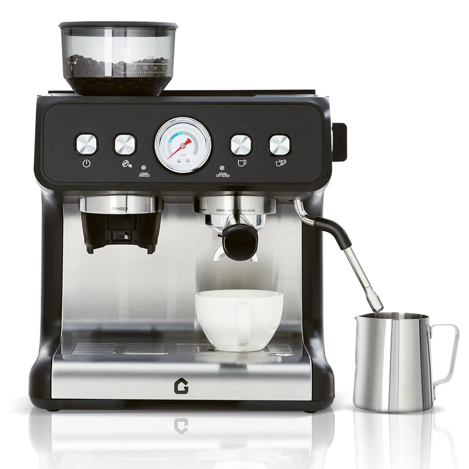 Garvee 20 Bar Coffee Machine with Built-in Grinder - Stainless Steel Coffee Maker - 2.8L Removable Water Tank - Milk Frother Steam Wand - Adjustable Shot Volume - Compact Design for Home or Office