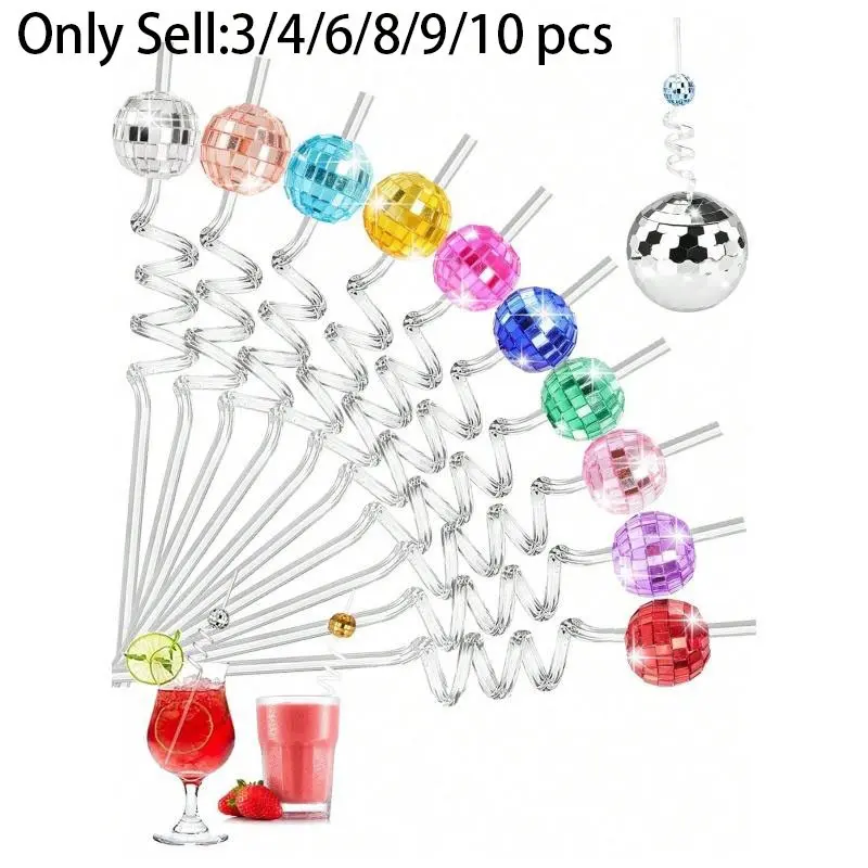 [Hot Selling] Disco Party Decorations Set, Colorful Mirror Ball Straws & Silver Plastic Cup Straws, Cocktail & Drink Accessories, Festive Touch, Perfect for Weddings Birthdays Dance Parties, Straw Combo, Drinking Straws
