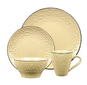 16 Piece Stoneware Scroll Dinnerware Set, Yellow