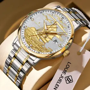 Nautical Elegance Men's Swiss Luxury Watch with Hand-Carved Sailing Ship Dial Premium Stainless Steel 42mm Case Original Movement