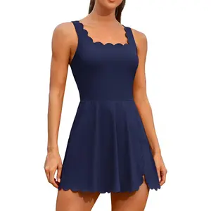 Women Tennis Dress Built-in Shorts Scalloped Golf Dress Adjustable Strap Athletic Dress Side Slit