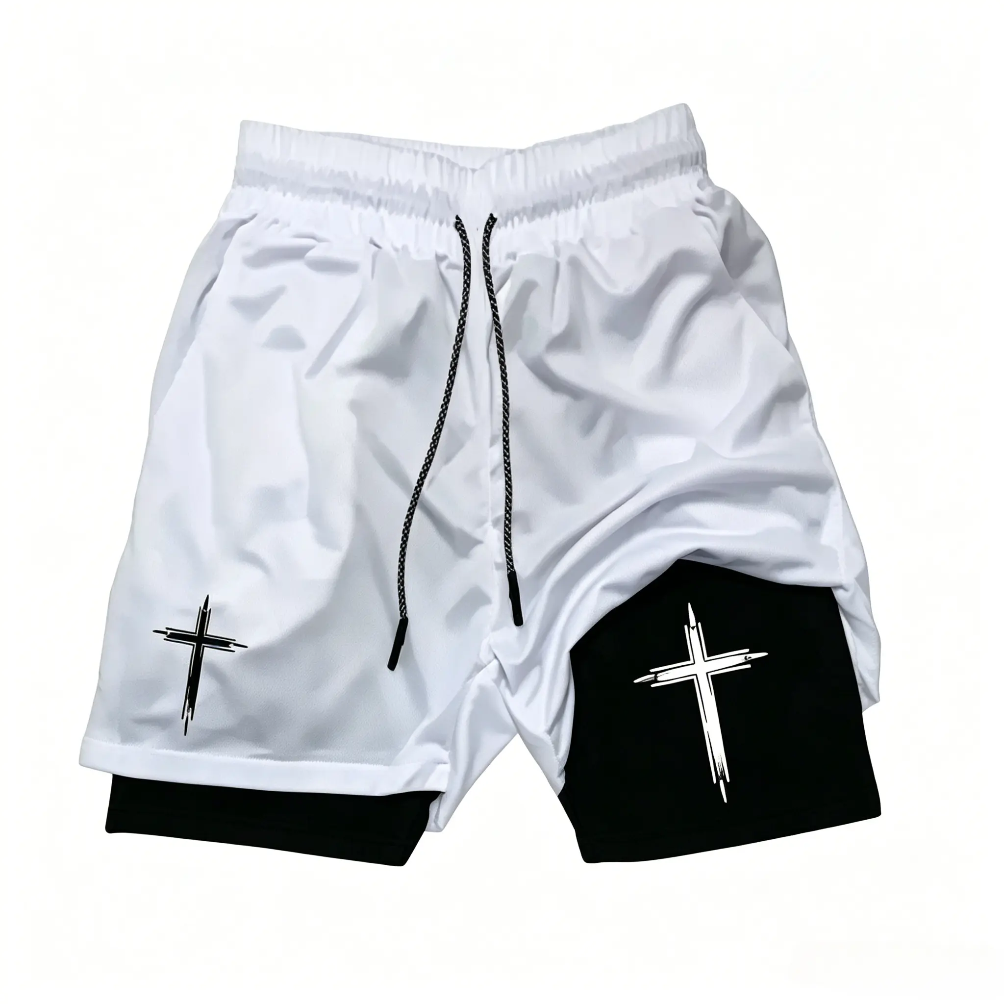 Christian Cross 2 in 1 Gym Shorts Men  Minimal Nail Cross Double Layer Athletic Shorts Mens Christian Cross Print 2 in 1 Compression Shorts White Double Layer Quick Dry Gym Running Faith Streetwear Shorts