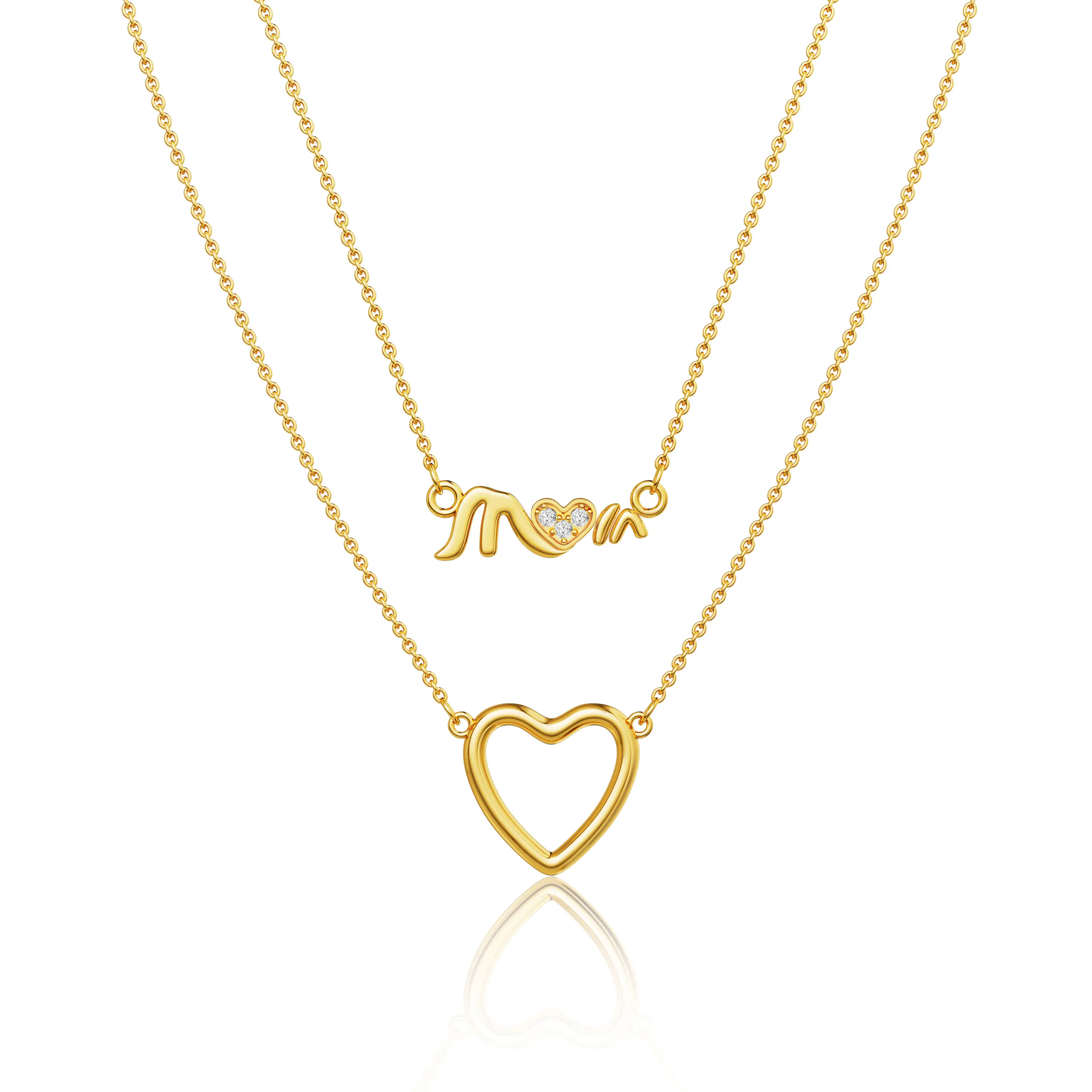 TEWIKY 14K Gold Plated Double Layer Necklace Mom Heart Zircon Chain Hollow Heart Elegant Design Valentine's Day Gift Suitable for Various Occasions