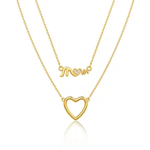 TEWIKY 14K Gold Plated Double Layer Necklace Mom Heart Zircon Chain Hollow Heart Elegant Design Valentine's Day Gift Suitable for Various Occasions
