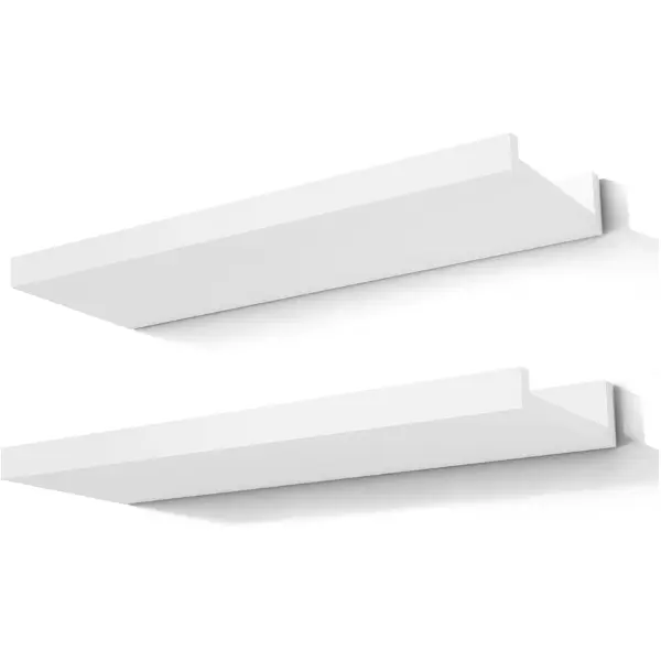 White Floating Shelves for Wall Decor, Set of 2, 14 Inch Wall Mounted Shelves with 4.5" Deep Picture Ledge and Front Lip, Wood Display Storage Shelves for Bedroom, Living Room, Bathroom, Kitchen, Nursery