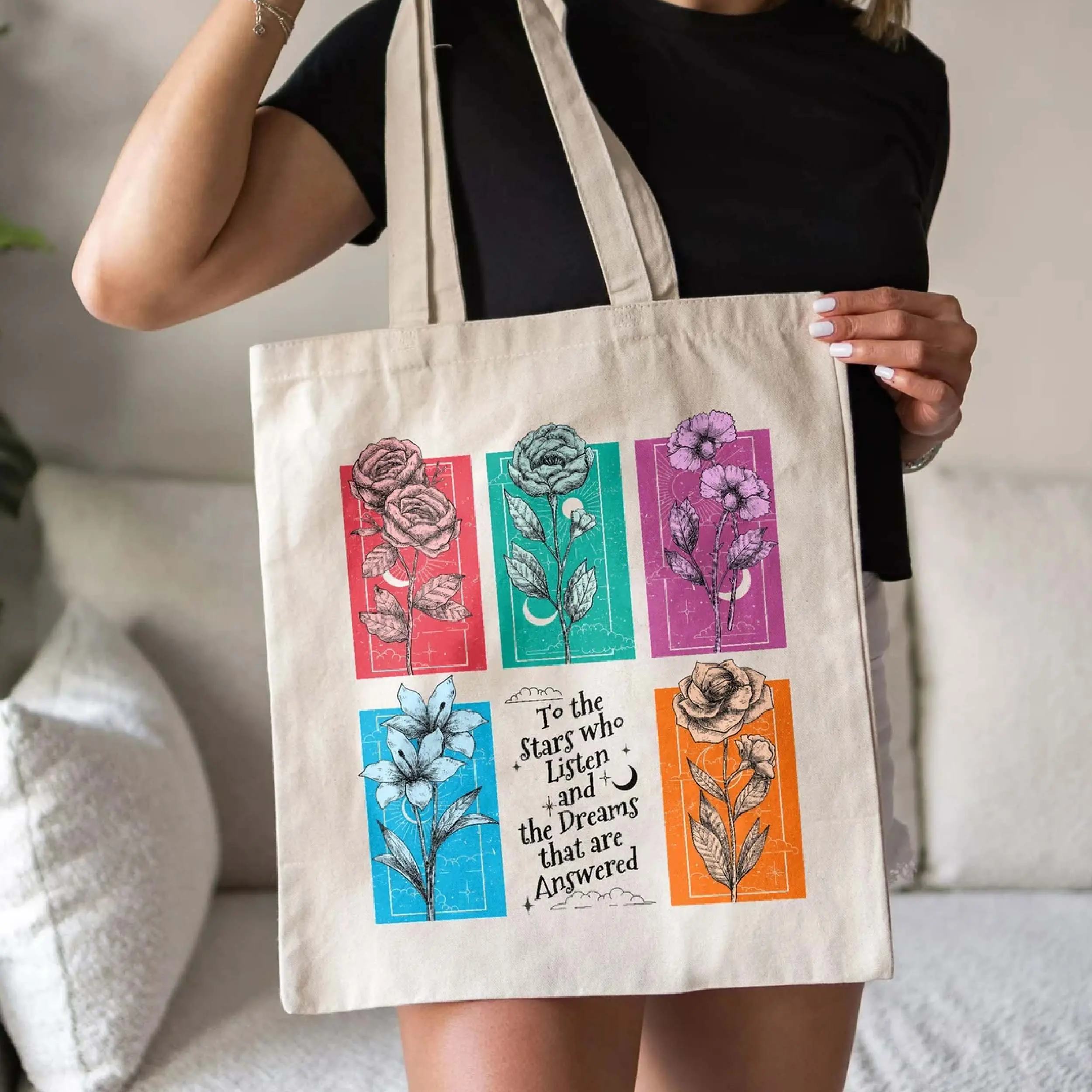 To The Stars Who Listen And The Dreams That Are Answered Tote Bag, ACOTAR Tote, Book Quote Canvas Bag, Feyre Tote, Bookish Gift