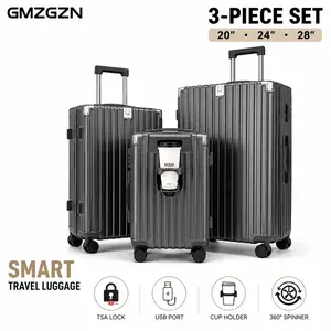 GMZGZN 3-Piece Hardshell Travel Luggage Bags Set, TSA Approved Carry On Luggage with Lock, USB Port, Cup Holder, PC+ABS Shell, 20/24/28 In Spinner Wheels suitcase