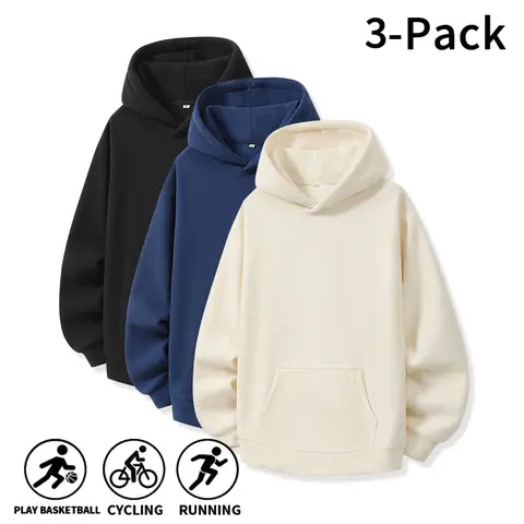 3-Pack Men’s Solid Color Pullover Hooded Sweatshirts | Loose Drop-Shoulder Straight Fit | Suitable for basketball training, cycling outings, morning runs, campus gatherings, and urban casual travel | Simple Classic Street Style | Soft Fleece Fabric |