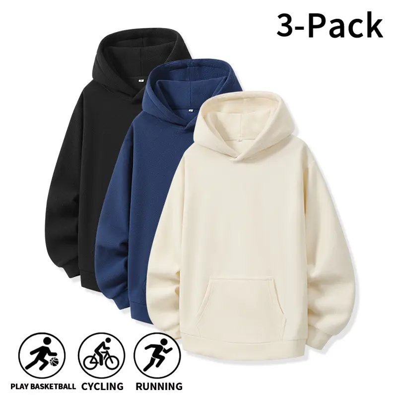 3-Pack Men’s Solid Color Pullover Hooded Sweatshirts | Loose Drop-Shoulder Straight Fit | Suitable for basketball training, cycling outings, morning runs, campus gatherings, and urban casual travel | Simple Classic Street Style | Soft Fleece Fabric |