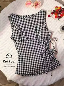 Womens Retro Plaid Sleeveless Blouse – College Style Tie-Up Summer Top