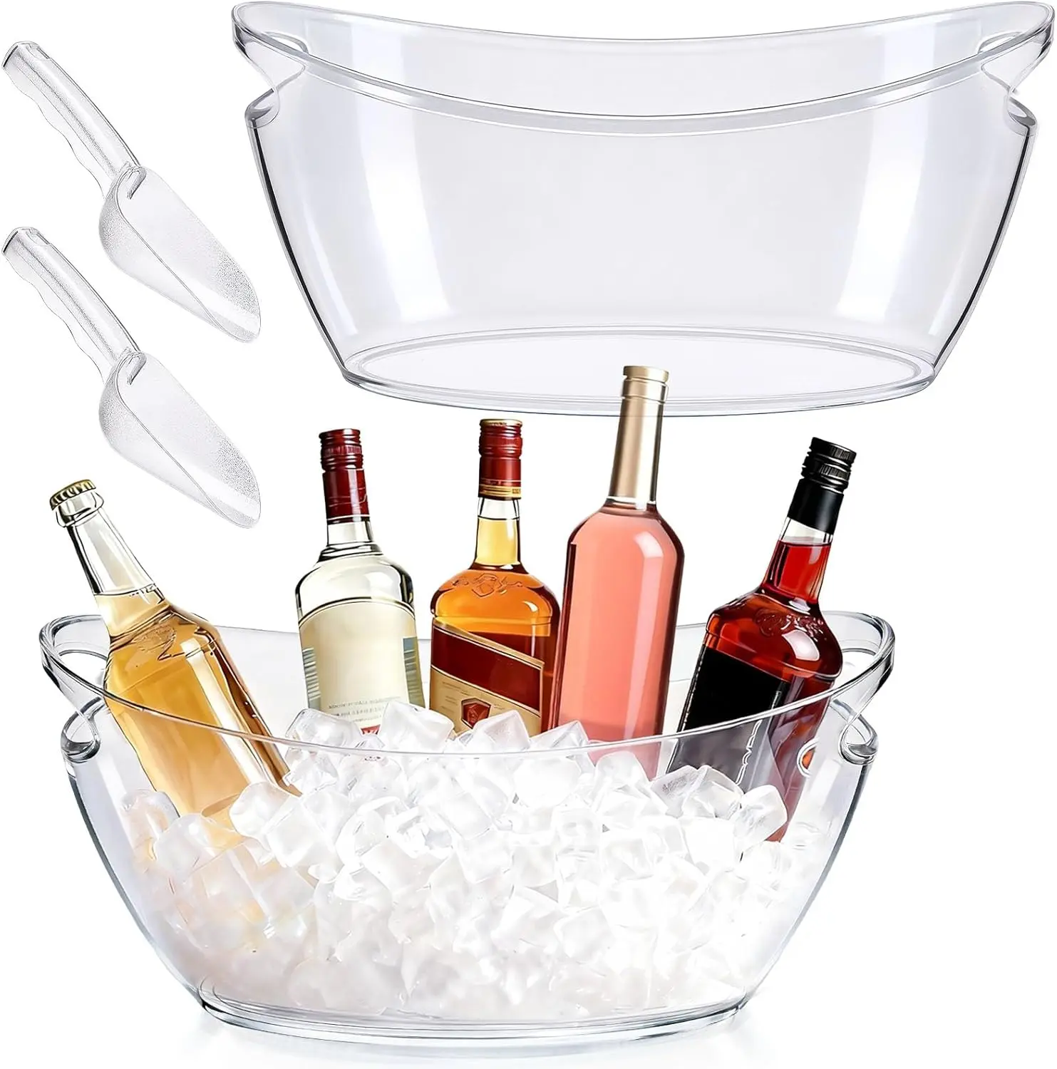 2-Piece Transparent Sturdy Ice Bucket Set with Handles, 5.5L Drink Tub for Parties, Mimosa Bar Supplies (16.5×7.3×6.8in) for Champagne, Beer, Sparkling Wine, Cocktails