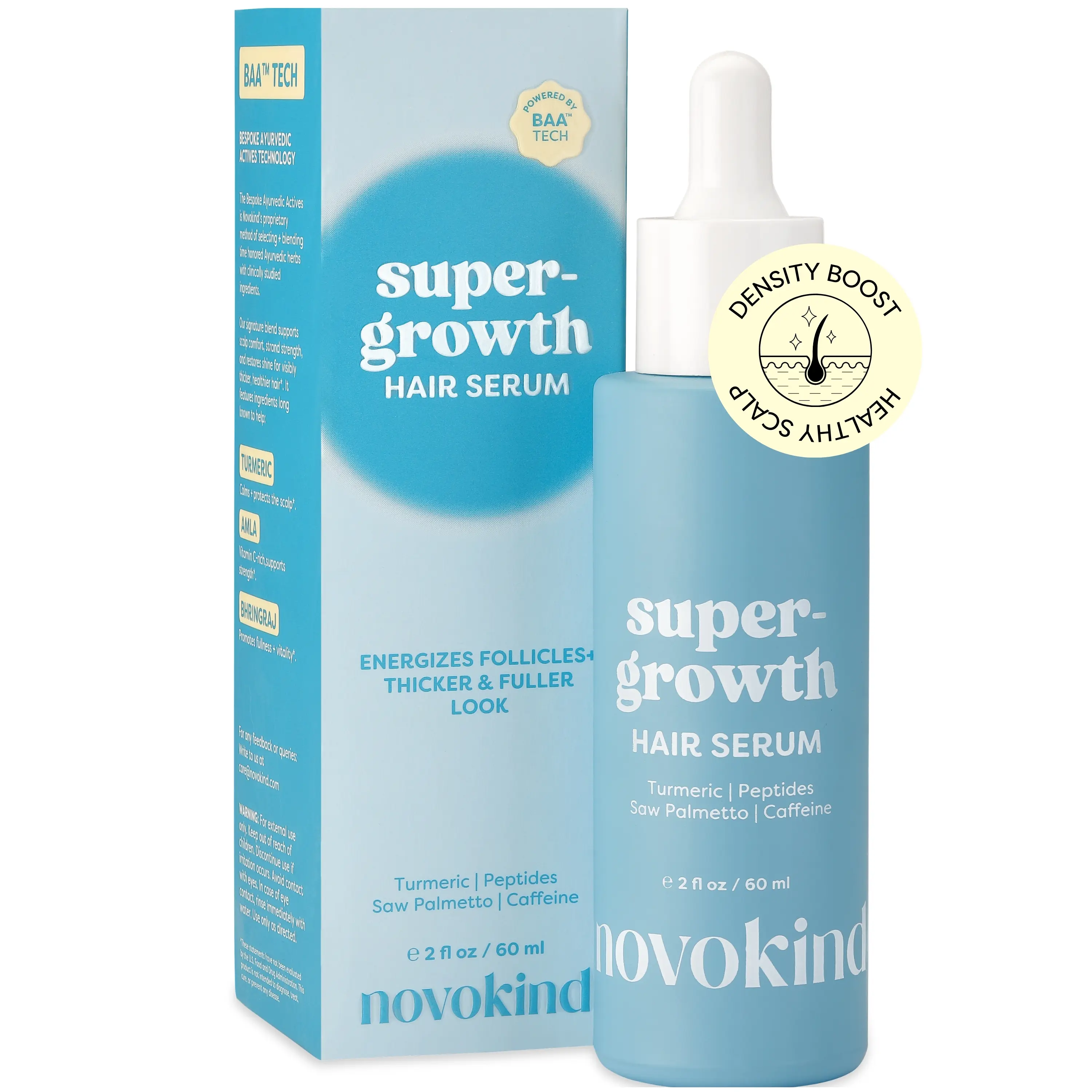 Novokind Hair Growth Serum - Lightweight Water Based Scalp Treatment for Thinning Hair | Caffeine, Peptides, Rosemary & Turmeric | Promotes Thicker, Fuller Hair & Healthy Scalp for Women & Men 2 fl oz