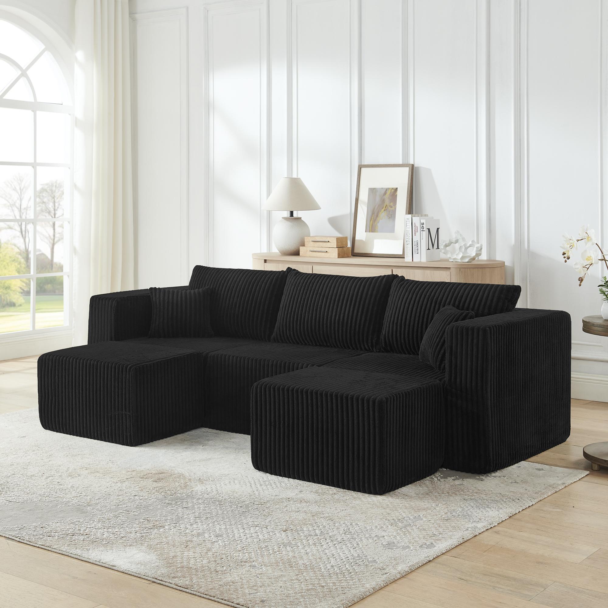 Niccae Small-Scale U-Shaped Compact Modular Sectional Sofa — Textured Corduroy Fabric, Modern Minimalist Style, Ultimate Comfort, Space-Saving, No Assembly Required, Convertible to Bed, Living Room Sofa