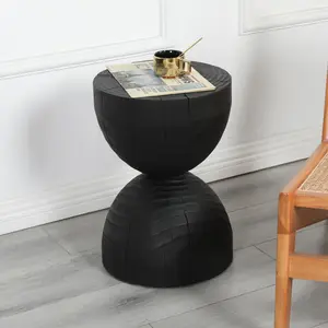 ARCH Solid Mango Wood Side End Table in Black, 12.2*18.11 inch Round Contemporary Wooden Accent Table, Small Round Plant Stand, Burnt vintage cracked end table for the Living Room and Bedroom