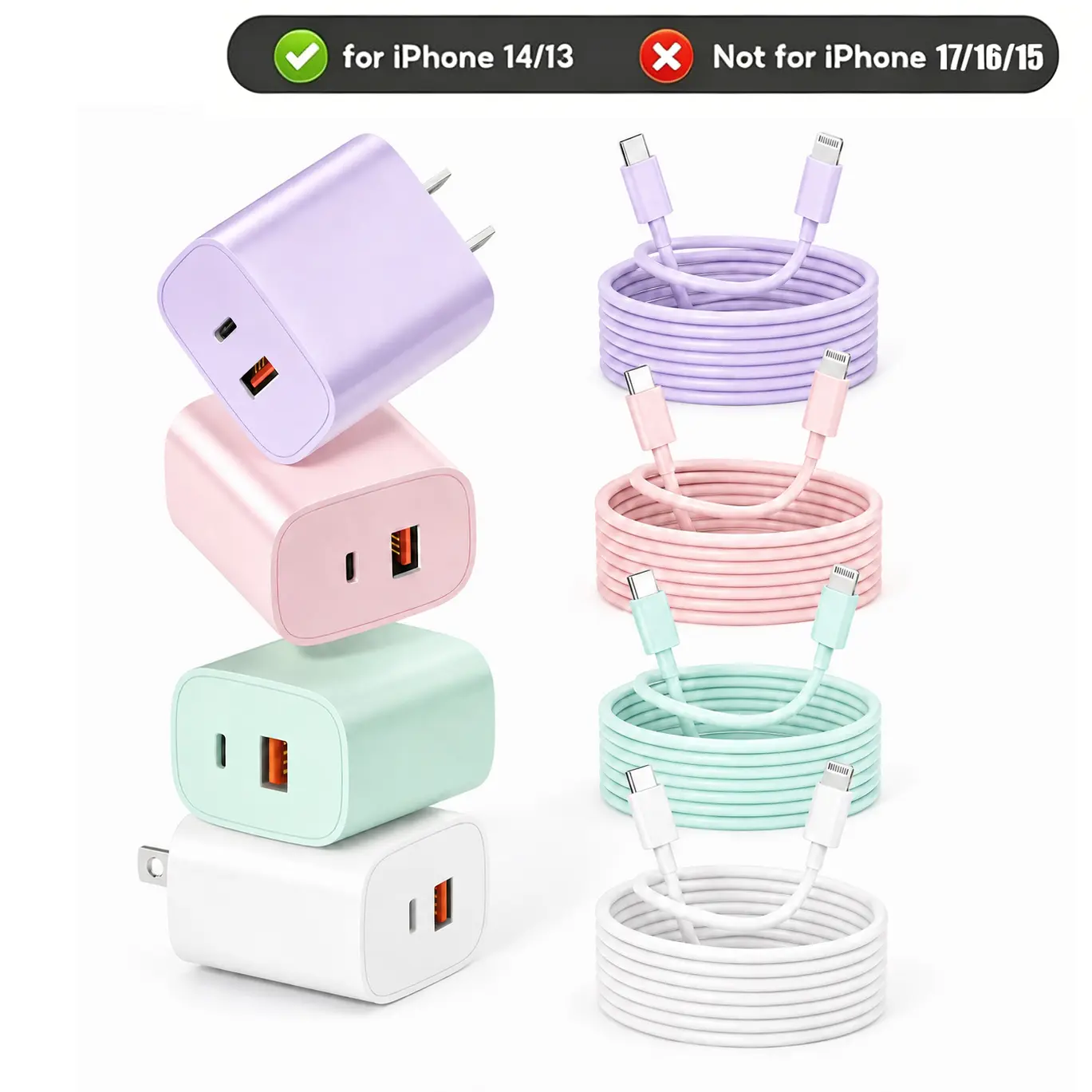 [iPhone 14 colorful Charger Set] 1/2/3/4 Piece Pack 20W + 18W Fast Charger Set wall charger block (Includes long 3m USBC-Lightning Cable) - Compatible for iPhone 14/13/12/11/Pro/Pro Max, Older Colored iPhone Chargers kit