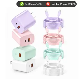 [iPhone 14 colorful Charger Set] 1/2/3/4 Piece Pack 20W + 18W Fast Charger Set wall charger block (Includes long 3m USBC-Lightning Cable) - Compatible for iPhone 14/13/12/11/Pro/Pro Max, Older Colored iPhone Chargers kit