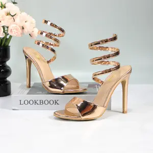 Women's Coil Spiral Ankle Wrap Strap High Heels Sandals Open Toe 4.33-inch Stiletto Heel Footwear Girl Fashion Sexy Comfortable Summer Casual Dress Heeled Shoes for Party Wedding Evening Prom