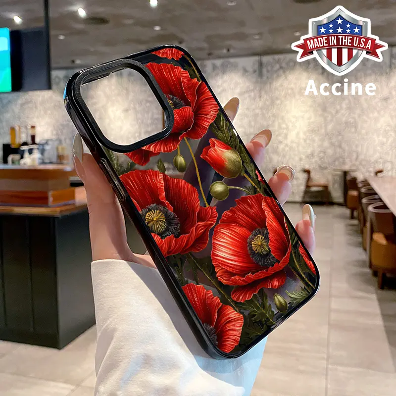 Case for iPhone 16 Pro Max 15 Plus 14 13 12 11 Vibrant Red Poppies Non-Yellowing Shockproof Clear slim Protective Softcase