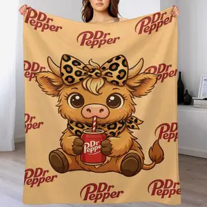 Dr Pepper Highland Cow Throw Blanket, Cute Leopard Print Bow Cow with Soda Can, Cozy Flannel Blanket for Couch Bed, Perfect Gift for Dr Pepper Fans, Cow Lovers & Leopard Print Girls