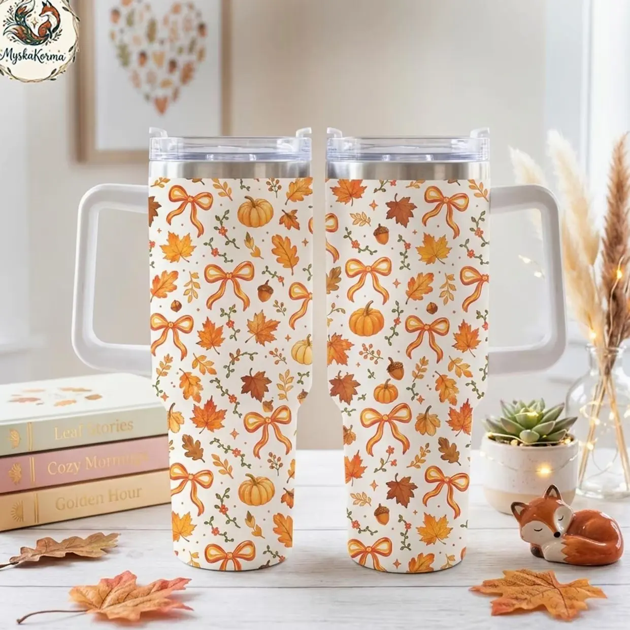Fall Pumpkin Tumbler, Autumn Leaves Floral 40oz Tumbler, Coquette Bow Cup, Thanksgiving Gift, Cute Fall Drinkware