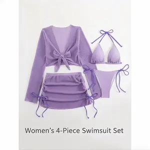 Women's 4-piece swimsuit, off shoulder bikini, transparent mesh skirt, high stretch fabric, swim strap details, beach bikini, swimsuit style bikiniRAIMENTRY