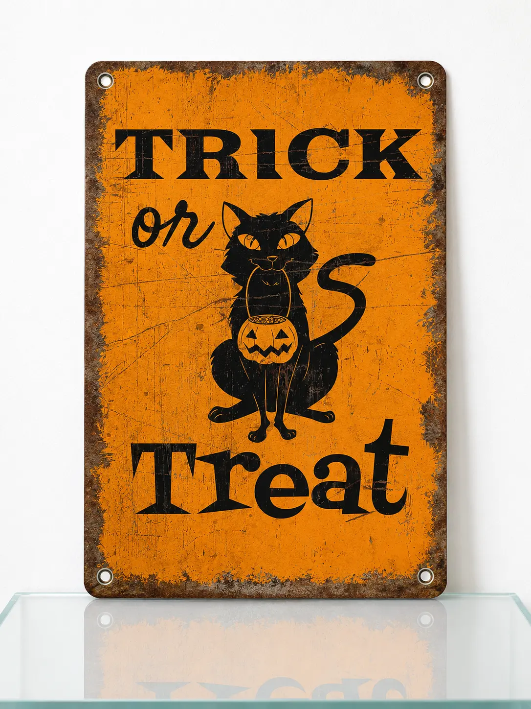Vintage Trick Or Treat Metal Sign Retro Black Cat Halloween Decor Spooky Cute Pumpkin Candy Bucket Wall Art