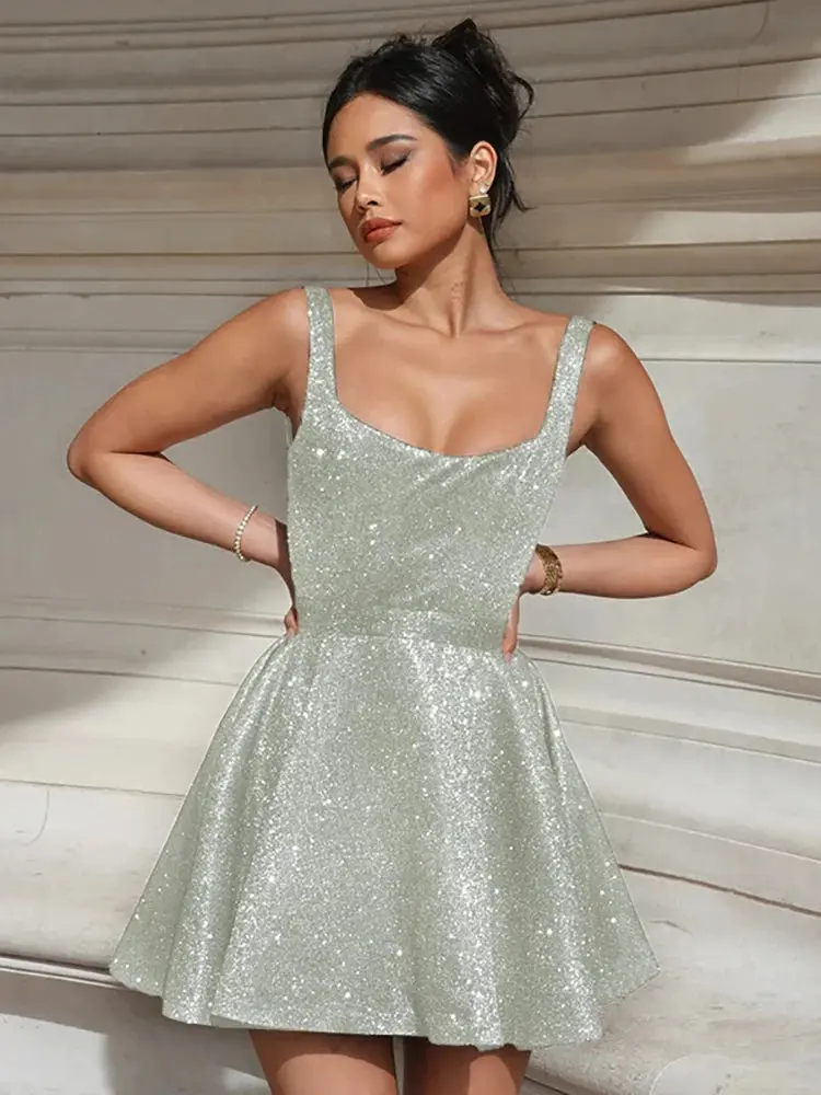 Glitter Silver Bright Silk Sparkling Spaghetti Strap A-Line Skinny Party Formal Mini Flared Dress - TikTok Shop Glitter Silver Bright Silk Sparkling Spaghetti Strap A-Line Skinny Party Formal Mini Flared Dress - TikTok Shop
