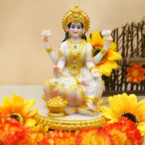 5.7”H Indian Goddess Lakshmi Statue Hindu Pooja Decor Marble Look Murti Laxmi Idol Statue for Home Office Temple Mandir Pooja Item Puja Decor Diwali Gifts Indian Spiritual Decor Gift Hinduism Religion Ornament
