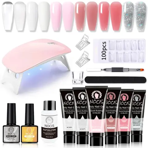 Nocis 6-Color Gel Nail Extension Kit, Transparent Gold Colors, Mini LED Light Included, UV Gel Kit, DIY Manicure & Nail Art Set for Beginners