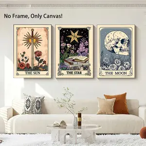 Mystical Tarot Wall Decor Collection – This Set of 3 Unframed Canvas Posters Showcases Artistic Card Imagery, Offering a Whimsical and Thought-Provoking Accent for Home Interiors, Living Areas, Bedrooms, or Creative Environments.