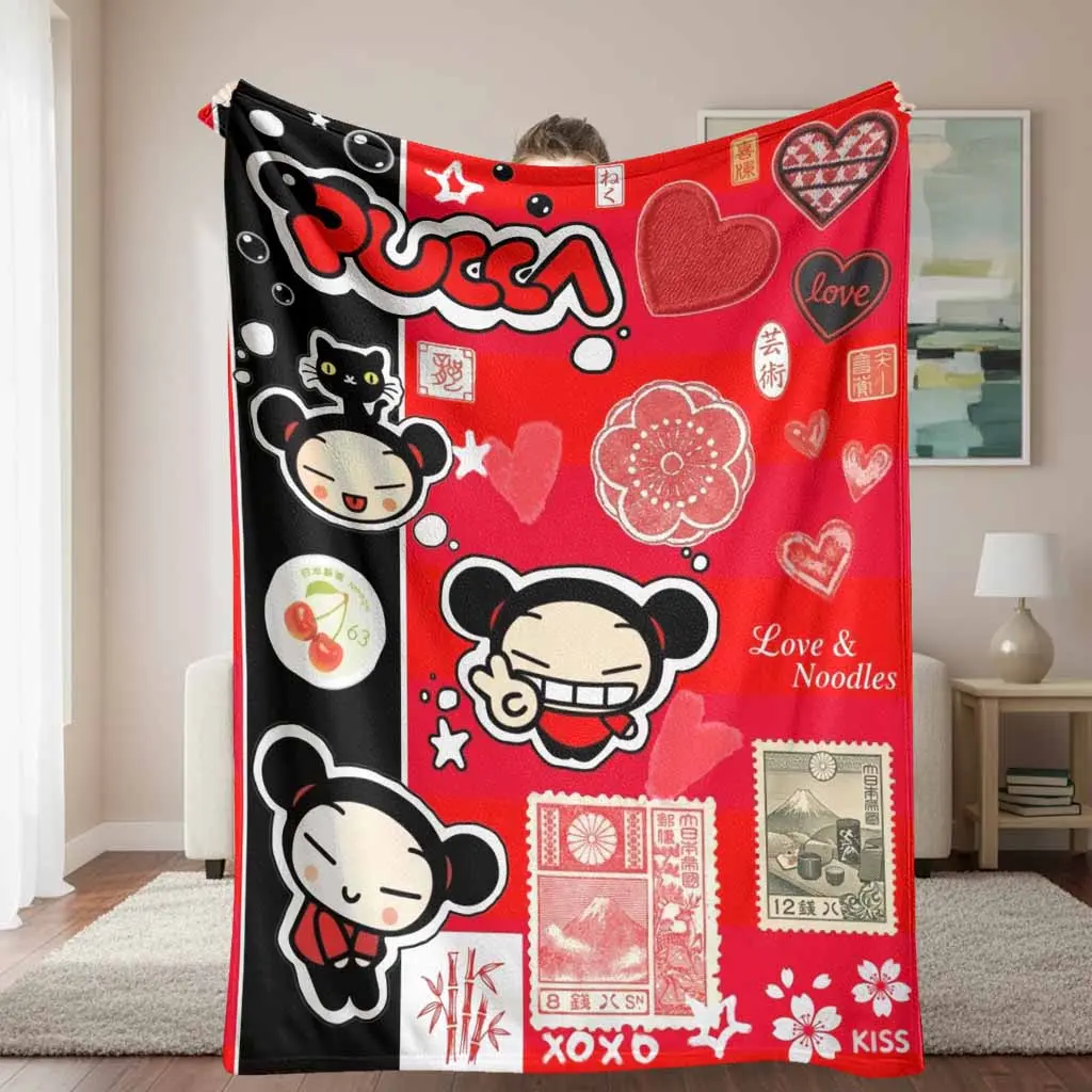 Pucca Red Flannel Cozy Blanket - Boho Bobo Anime Artwork Print with Retro Stamps, Buttery Soft, Breathable Lightweight, Wrinkle-Resistant, Durable Plush Throw, Japanese Designer Style Body-Warming Blanket for Adults, Valentine Gift, Travel Use