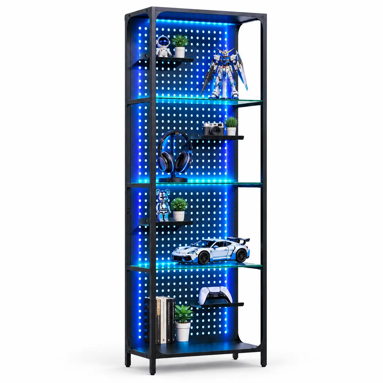 Kepptory 9-Tier Vertical Rectangular Glass Metal Display Shelf - LACK-Style White LED Bookcase with Remote Lights, Adjustable Decorative Racks, Vertical Tiered Home Organizer for Bedroom, Living Room, Box Packed