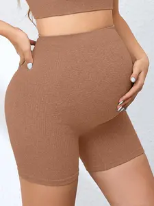 Women's High Waist Seamless Knit Yoga Shorts, Tight-Fitting Maternity Workout Pants, All-Season Plain Design, Comfortable & Stylish, Maternity Clothing