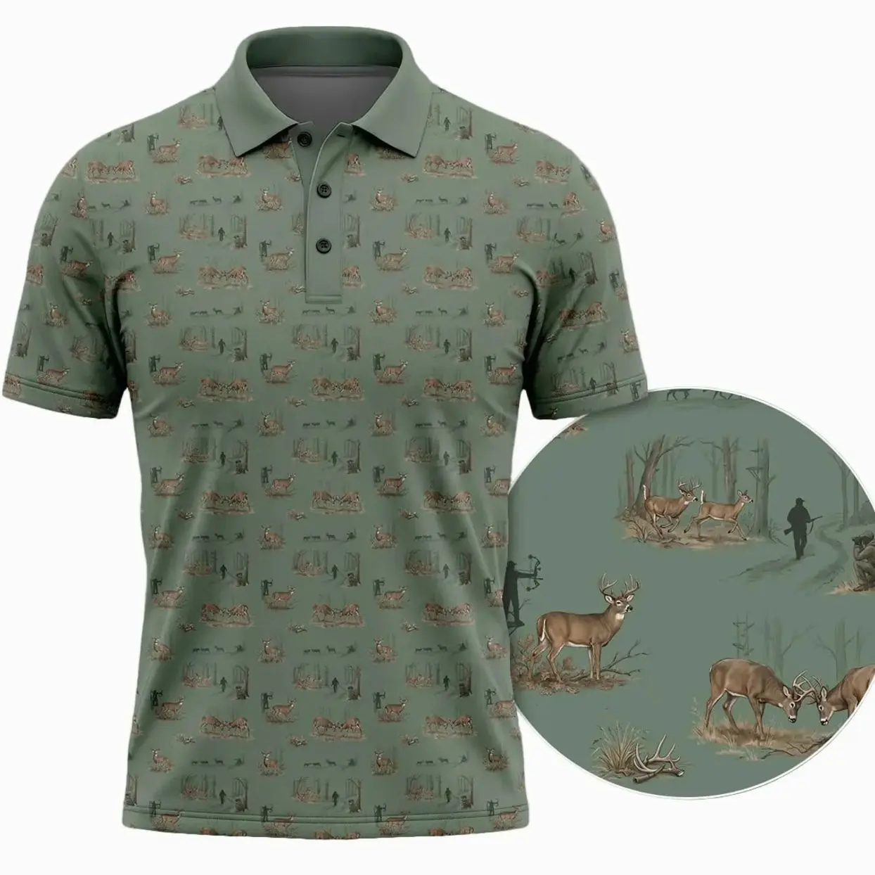 Men's Whitetail Deer Hunting Polo Shirt – Vintage Woodland Buck & Hunter All Over Print Golf Polo, Lightweight Breathable Outdoor Collared Shirt, Gift for Deer Hunters