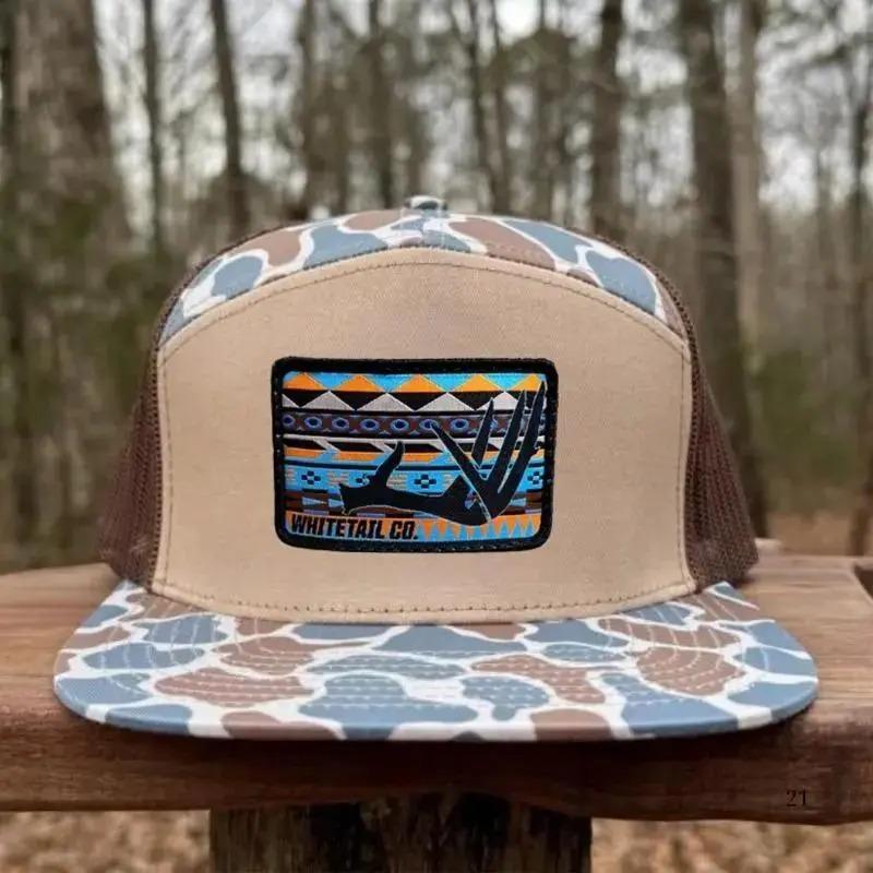 Azteca Whitetail Deer Antler Embroidery 7 Panel Trucker Cap Flatbill Mesh Snapback Outdoor Angler Performance Camo Hat for Men and Women Bottomland Camo Black White Brown Unisex Fitted Cap