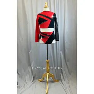 Custom Red and Black Ribbed Lycra 2 Piece Set -Rhinestones