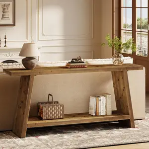 LITTLE TREE 70.9'' Solid Wood Console Table, Narrow Long Sofa Table Behind Couch with 2-Tier Storage, Farmhouse Entryway Table for Living Room, Hallway, Foyer