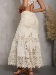 Hollow Out Floral Lace Crochet Skirt, Boho Style Long Skirt for Beach Holiday Vacation, Ladies Bottoms for All Seasons Womenswear Fitted outfits jean skirt skirts raffia skirt bailey bass bubble skirt pencil skirt curvy free people make mine slip skirt