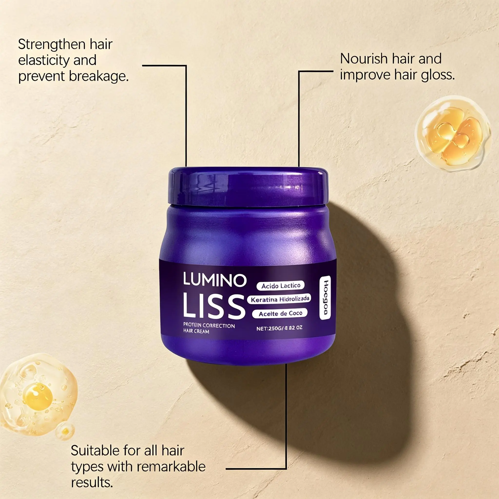 Deeply Repair Damaged Hair – LUMINO Protein Correction Hair Cream 250g – Lactic Acid + Hydrolyzed Keratin + Coconut Oil – Restores Strength, Shine & Smoothness – Daily Protein Treatment for Dry, Brittle & All Hair Types