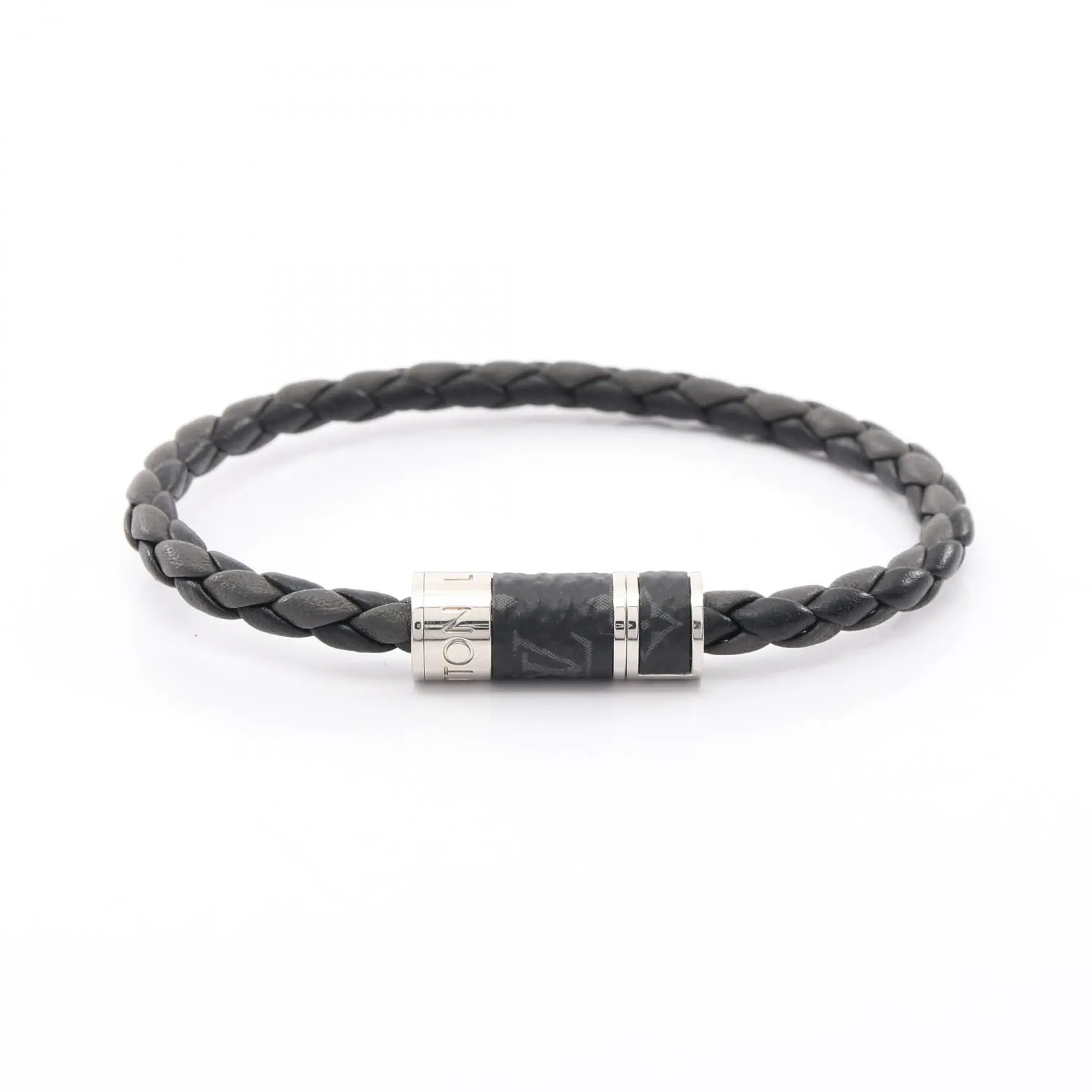 Pre-owned Louis Vuitton Canvas Small Leather Goods Bracele Braid It Monogram Eclipse Stainless Steel PVC Bracelet