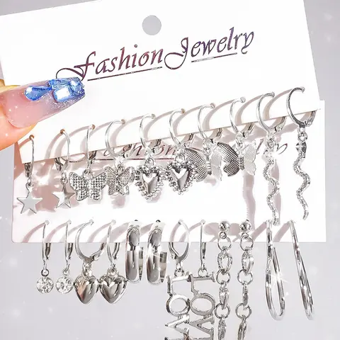 Women's Elegant Rhinestone Decorated Dangle Earrings, Exquisite Trendy Heart & Letter & Butterfly & Snake Decor Dangle Earrings, Chic Gorgeous Jewelry As Gift for Girlfriend Earrings Stack Set